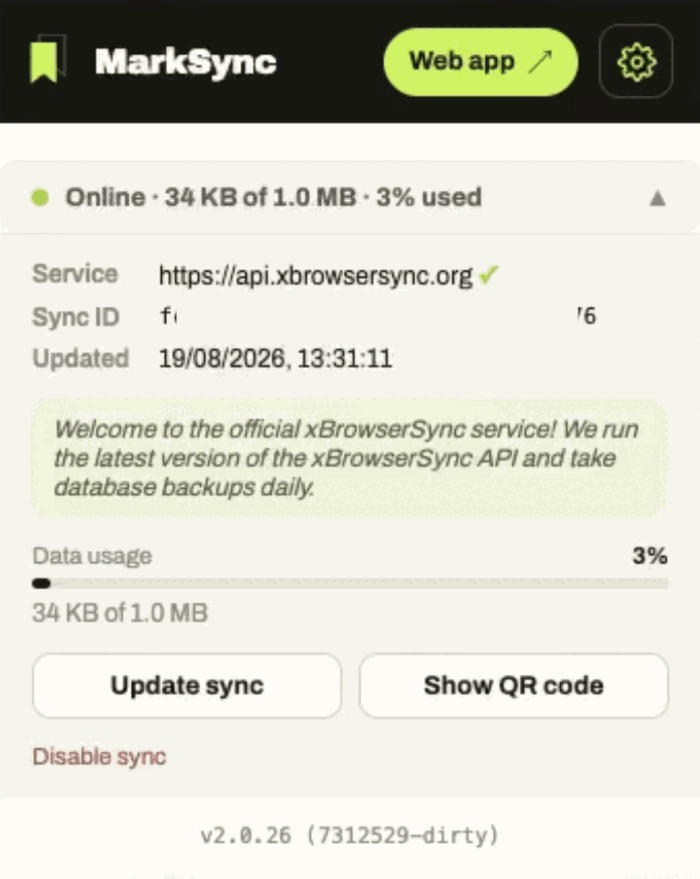 MarkSync extension popup with the sync status panel expanded, showing the sync service address, the anonymous sync ID, the last updated time, data usage, and buttons to update sync or show a QR code.
